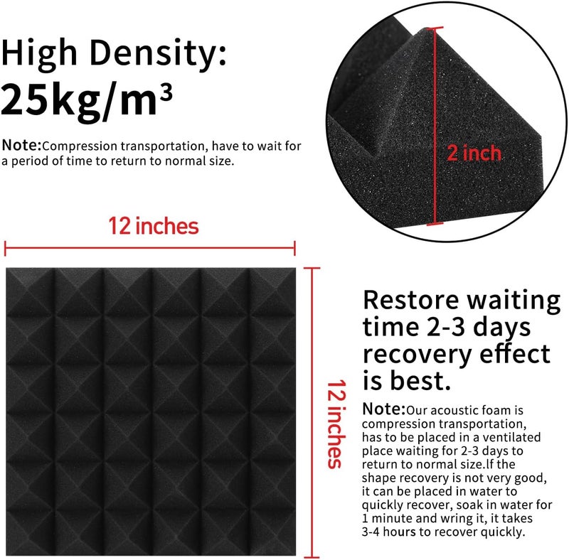 Focusound 24 Packs Acoustic Foam Panels Pyramid 2" X 12" X 12", Soundproofing Foam Noise Cancelling Foam with 120 PCS Double-Side adhesive - Image 5